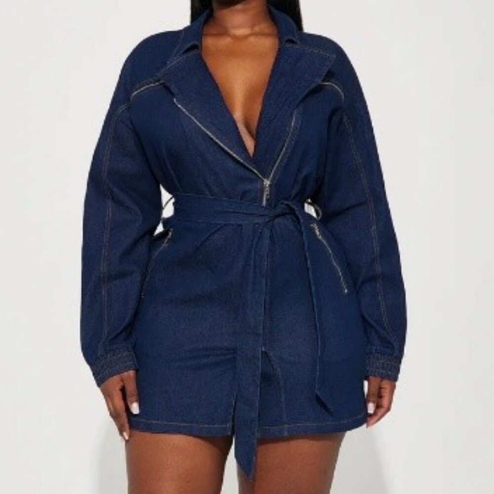 Fashion Nova Navy Denim Belted Mini Dress